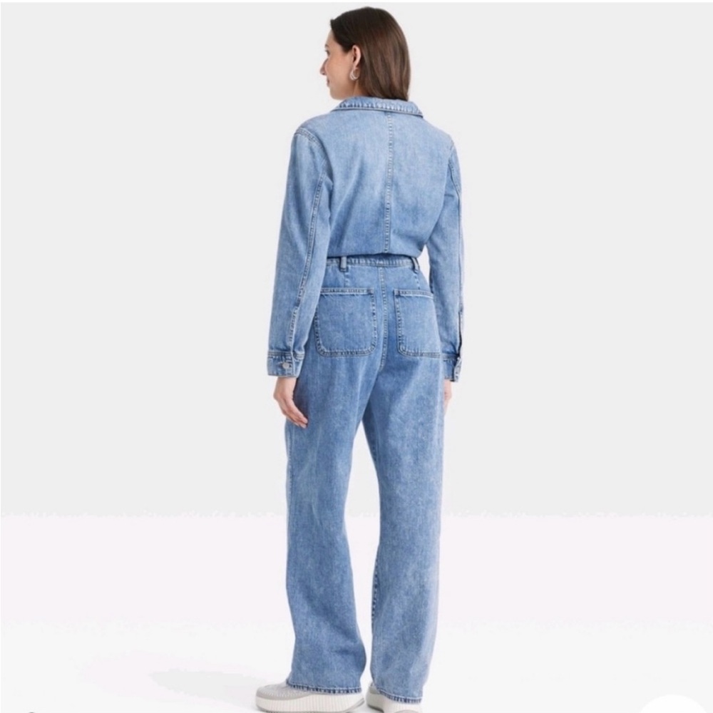 Soft Denim Jumpsuit Metal Buttons Zip Fly Elastic Waist Wide Legs Trendy Utility - Picture 2 of 10